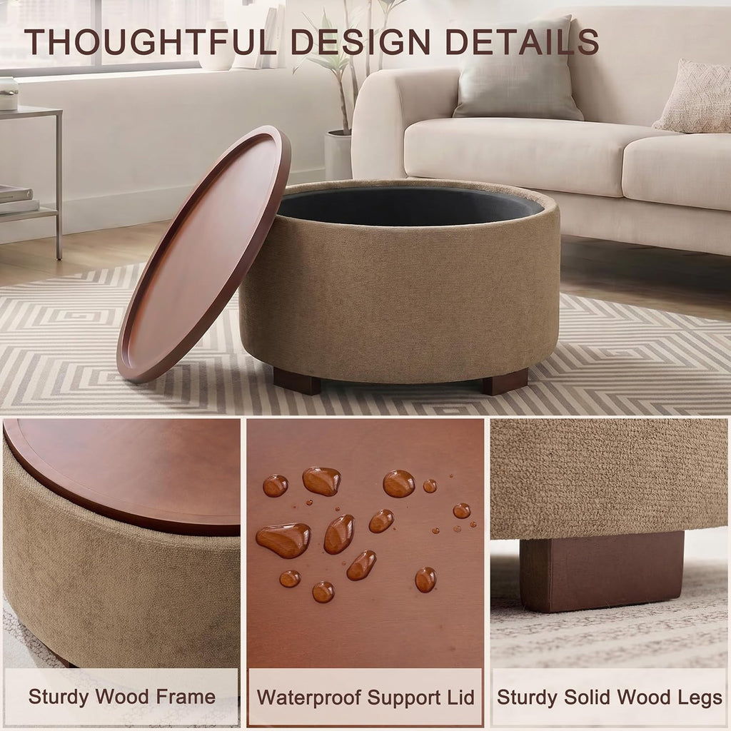 Huatean Home 29.1 Inch Round Coffee Table, Storage Ottoman with Removable Lid Top and Solid Wood Legs, Round Ottoman with Storage for Living Room, Bedroom, Corners, Entryway, Boucle Ottoman, Camel