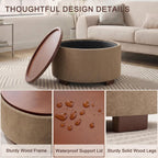 Huatean Home 29.1 Inch Round Coffee Table, Storage Ottoman with Removable Lid Top and Solid Wood Legs, Round Ottoman with Storage for Living Room, Bedroom, Corners, Entryway, Boucle Ottoman, Camel