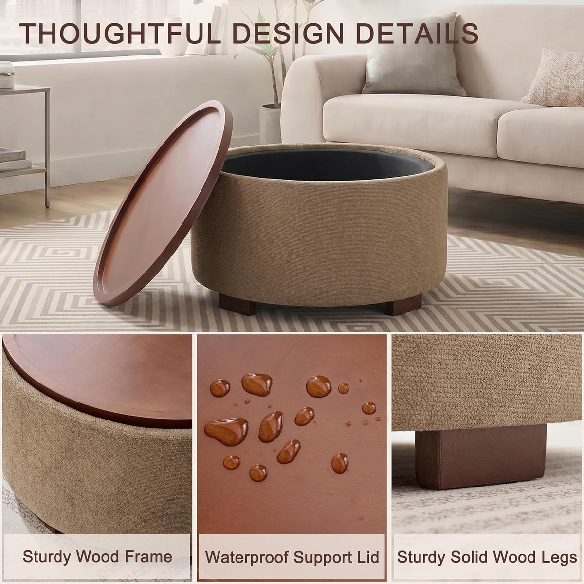 Huatean Home 29.1 Inch Round Coffee Table, Storage Ottoman with Removable Lid Top and Solid Wood Legs, Round Ottoman with Storage for Living Room, Bedroom, Corners, Entryway, Boucle Ottoman, Camel