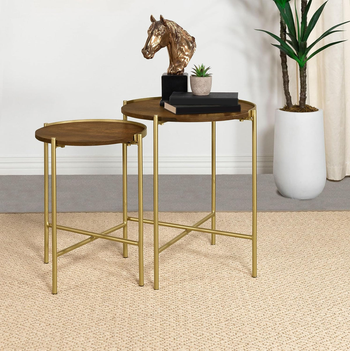 Coaster Home Furnishings - Malka - 2-Piece Round Wood Nesting Table Set with Soft Gold Table Frame - Transitional - Living Room - Brown and Gold - 936168