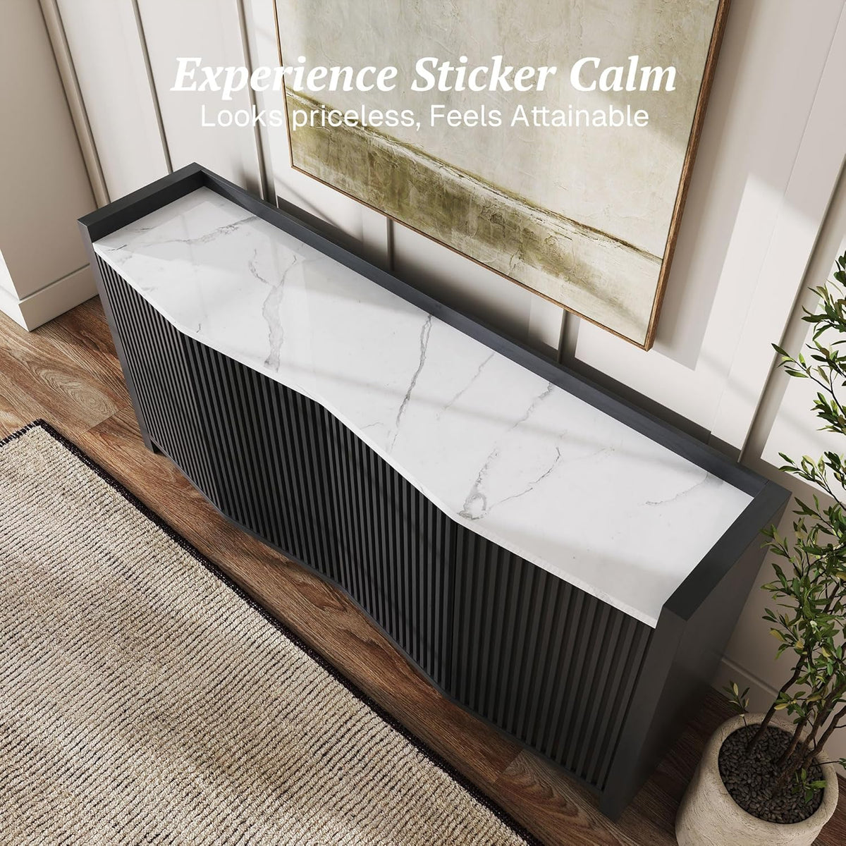 BELLEZE 66 Inch Sideboard Buffet Cabinet, Accent Modern Credenza Storage with Adjustable Shelves, Fluted Black Console Table with Faux Marble Panel for Kitchen, Dining Room, Entryway or Hallway
