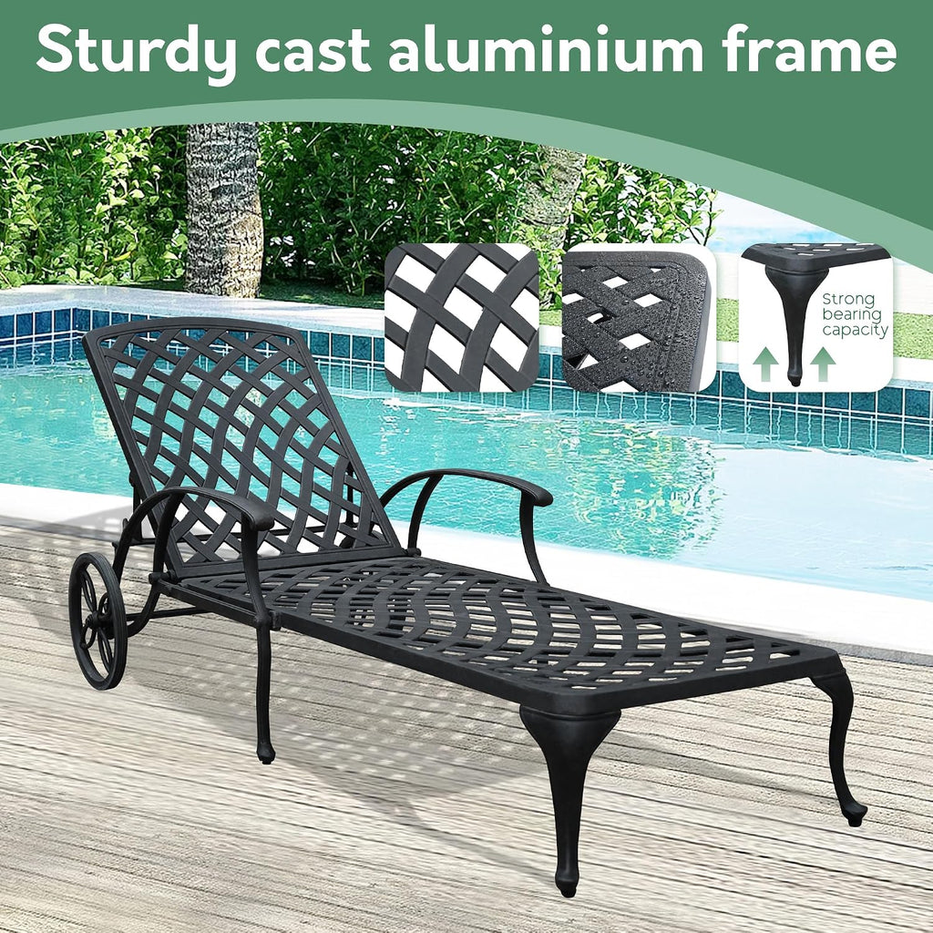 Chaise Lounge Chair Outdoor- Set of 2 Patio Pool Chairs Tanning Lounges for Outside Beach Lounger Reclining Cast Aluminum with Navy Blue Cushions
