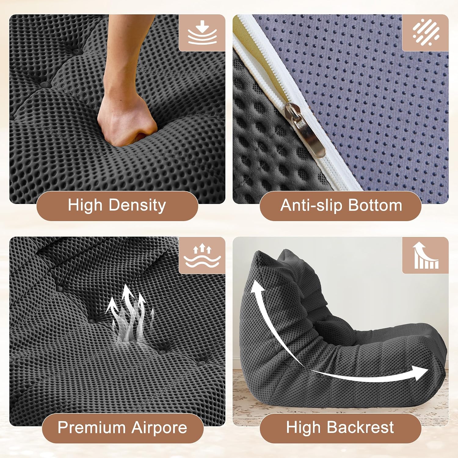 Bean Bag Chair for Adults - Large Bean Bag with Three Pillows, Oversized Chair with High-Rebound Memory Foam, Lazy Floor Sofa for Reading, Gaming, Living Room, Bedroom (3-Seater, Grey)