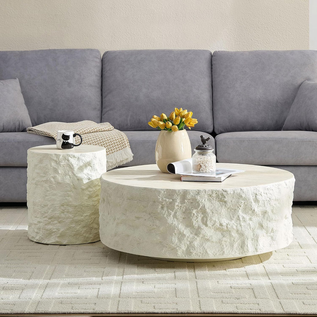Round Side Table End Table for Living Room, Modern Contemporary Faux Stone Style Fiberglass Material, No Assembly (Beige, ø15.7'' x 17.7'')