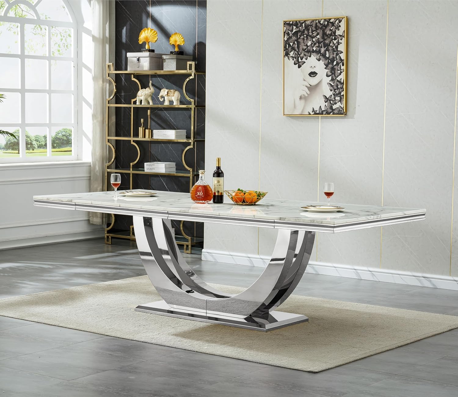 94.5" Large Dining Table for 10-12 People, Modern White Rectangle Kitchen Dinner Table w/Faux Marble Top&Silver Steel U-Base, Extral Long Dining Room Tables for Kitchen Living Room