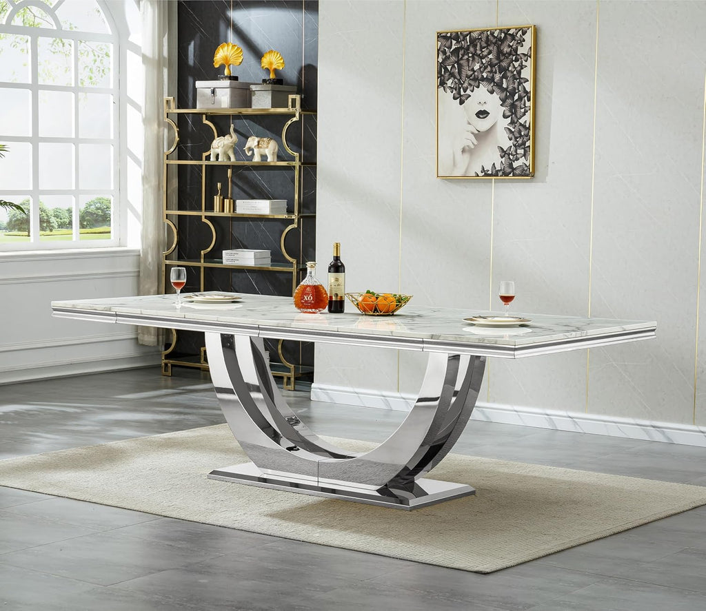 9-Piece Modern Dining Table Set with 8 Chairs, 94.5" Large Marble Kitchen Table & Grey Upholstered Chairs Set for 8, White Dining Room Table Set with Silver Stainless Steel Frame & Faux Mable Top