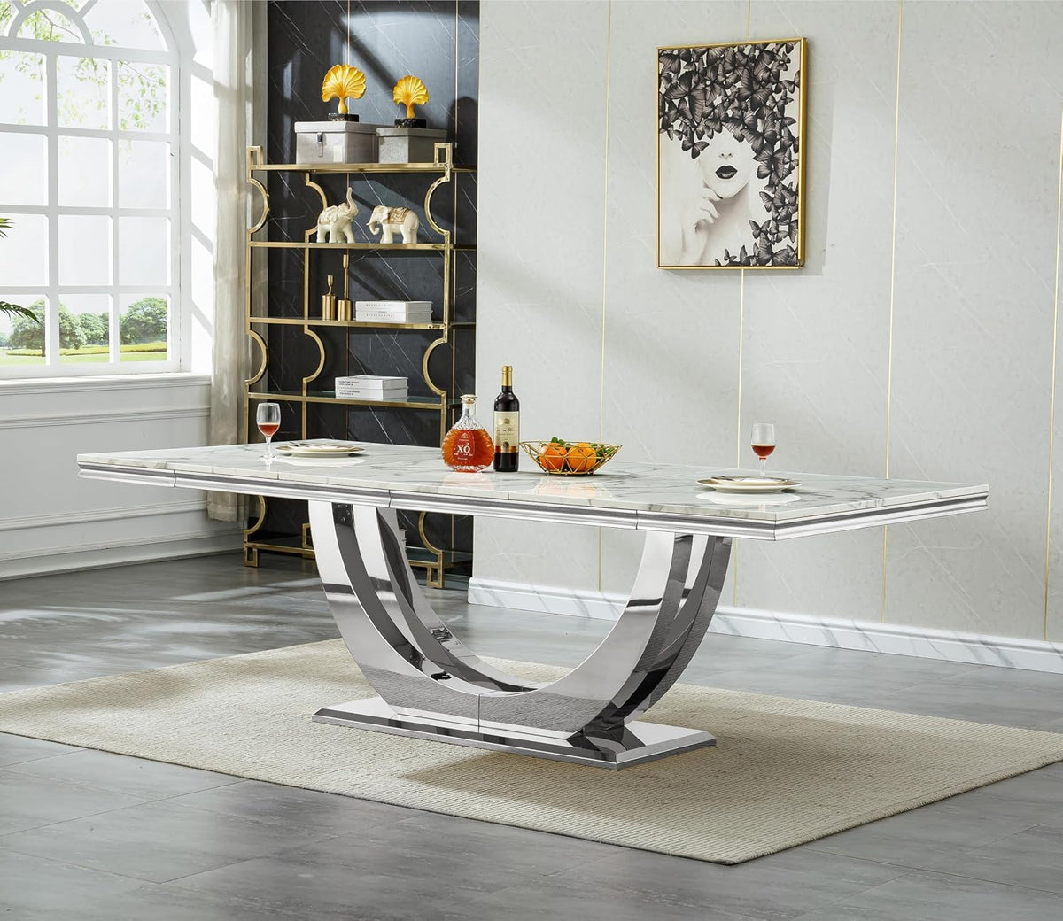 9-Piece Modern Dining Table Set with 8 Chairs, 94.5" Large Marble Kitchen Table & Grey Upholstered Chairs Set for 8, White Dining Room Table Set with Silver Stainless Steel Frame & Faux Mable Top