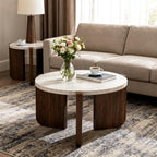 HOMPUS Modern Coffee Table Set of 2, Round Faux Marble Coffee Table and End Table Set, Farmhouse Living Room Table Set with Wooden Legs for Apartment, Small Space, Home Office