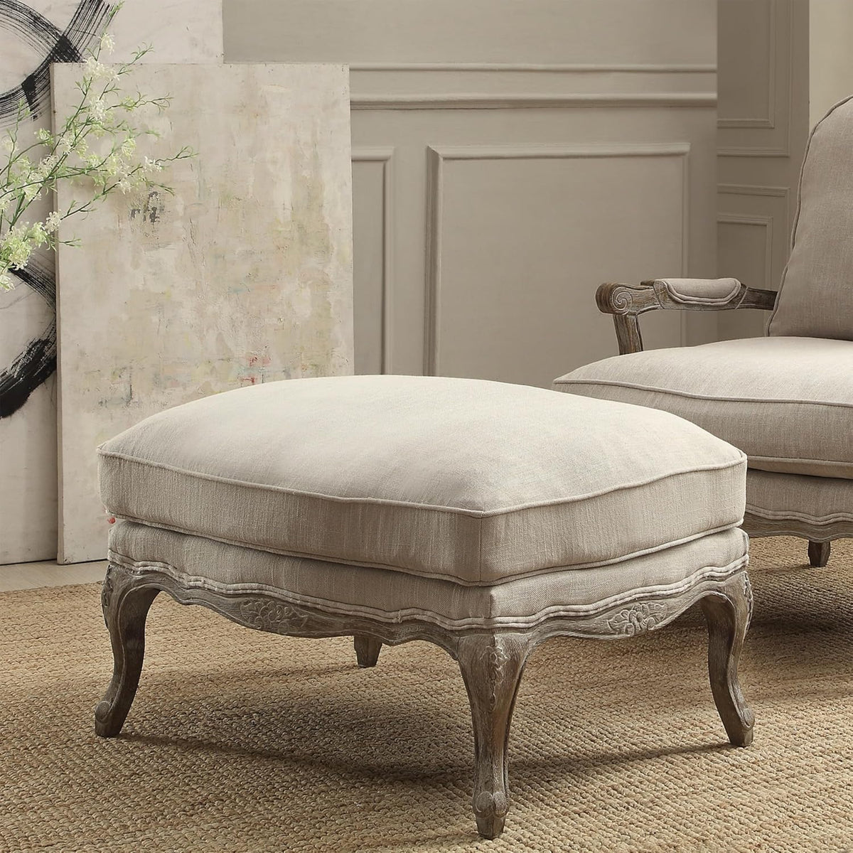 Lexicon Parlier Show Wood Ottoman - Rectangle Ottoman Pouf Foot Rest, Floral Motif, Solid Wood Frame, Feathered Down Filled Cushion, Fully Assembled, 32" L x 25.5" W x 20.5" H, Neutral