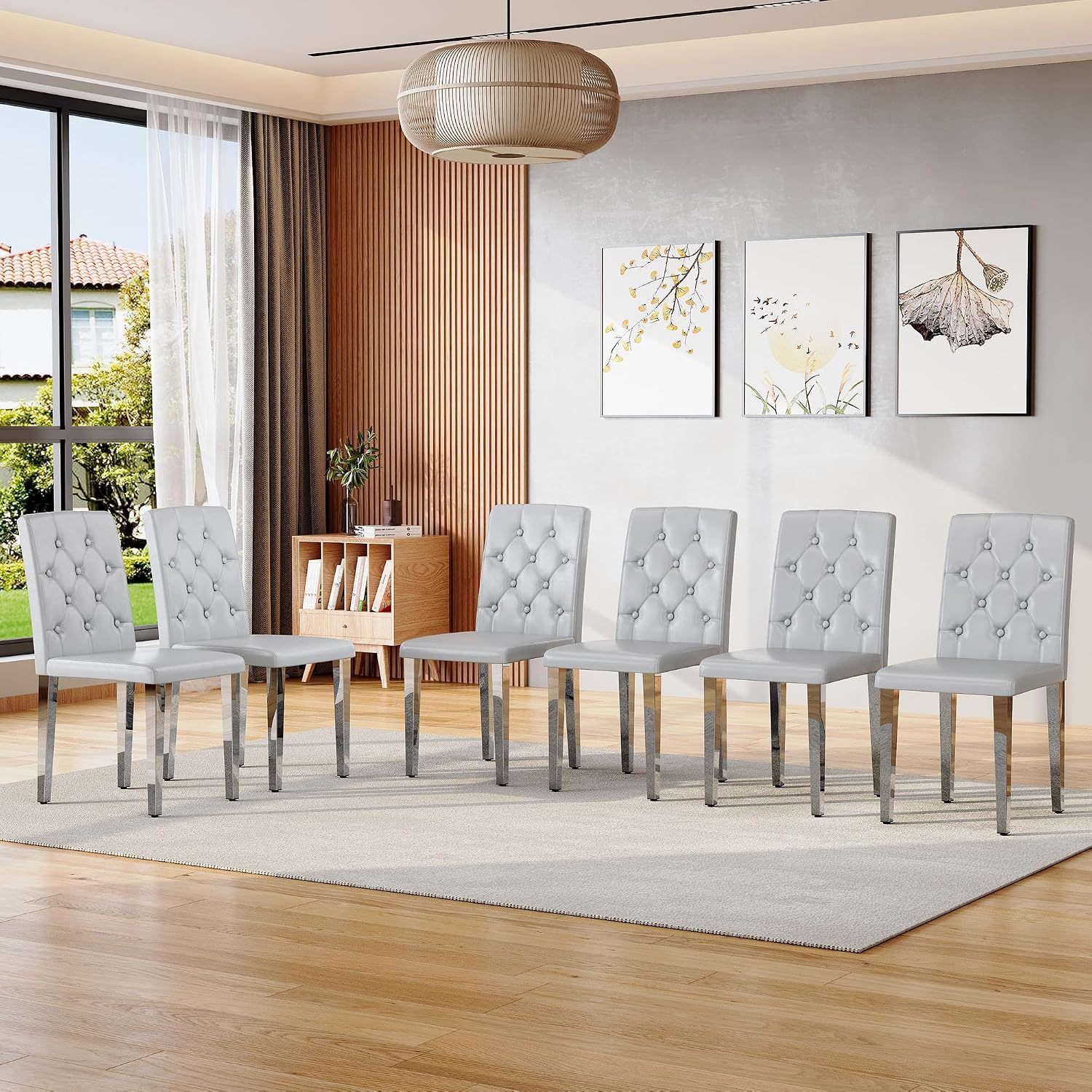 Modern Dining Chairs Set of 6, Button Tufted Upholstered Parsons Chairs with Silver Metal Legs, Grey PU Leather Kitchen Chair for Dining Room, Kitchen, Restaurant