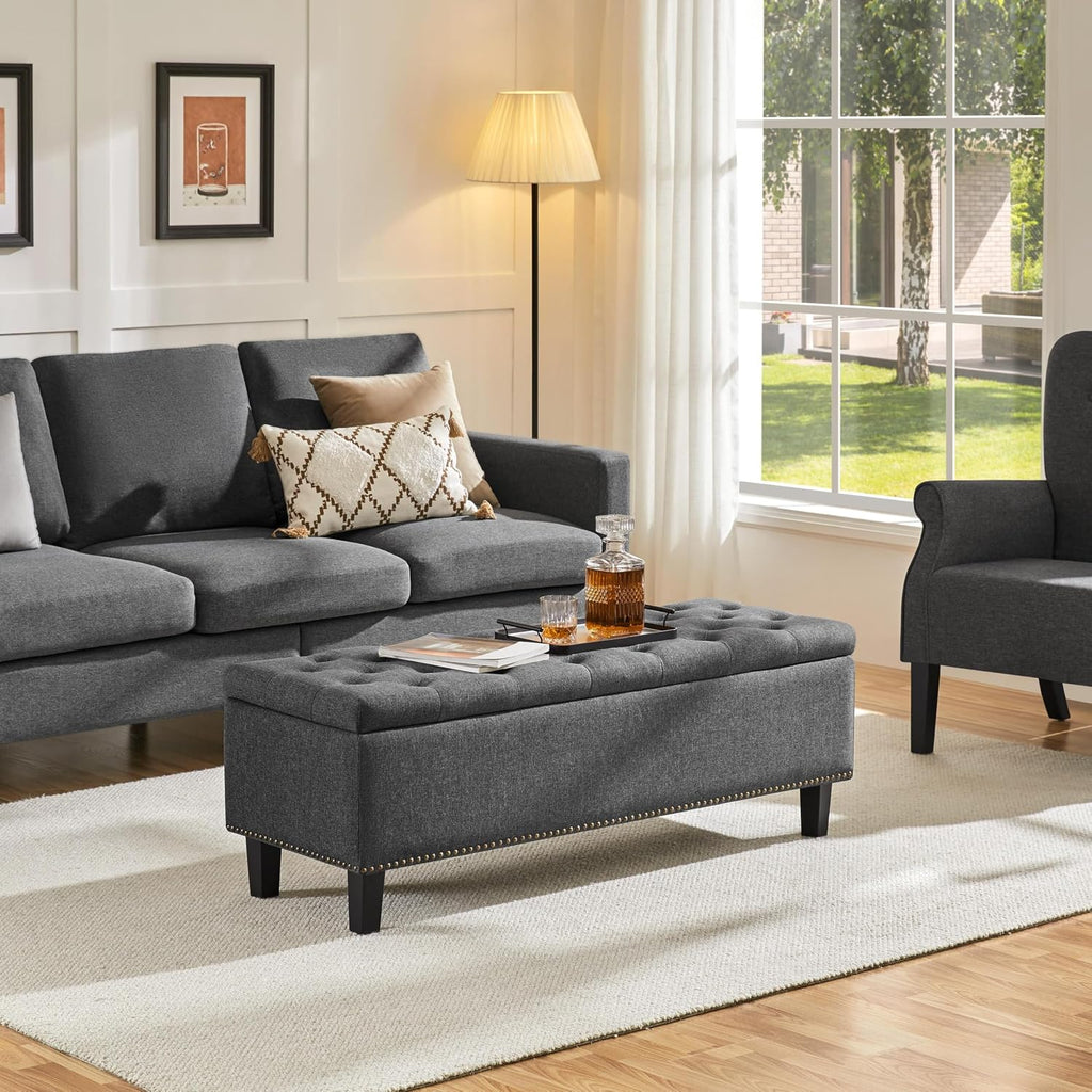 Yaheetech 49in Square Storage Ottoman Coffee Table with Nailhead, Dark Gray | Button-Tufted Linen-Look Fabric Bench, 3.5C Storage Space, Wood Legs, Metal Hinges, for Bedroom Foot of Bed Living Room