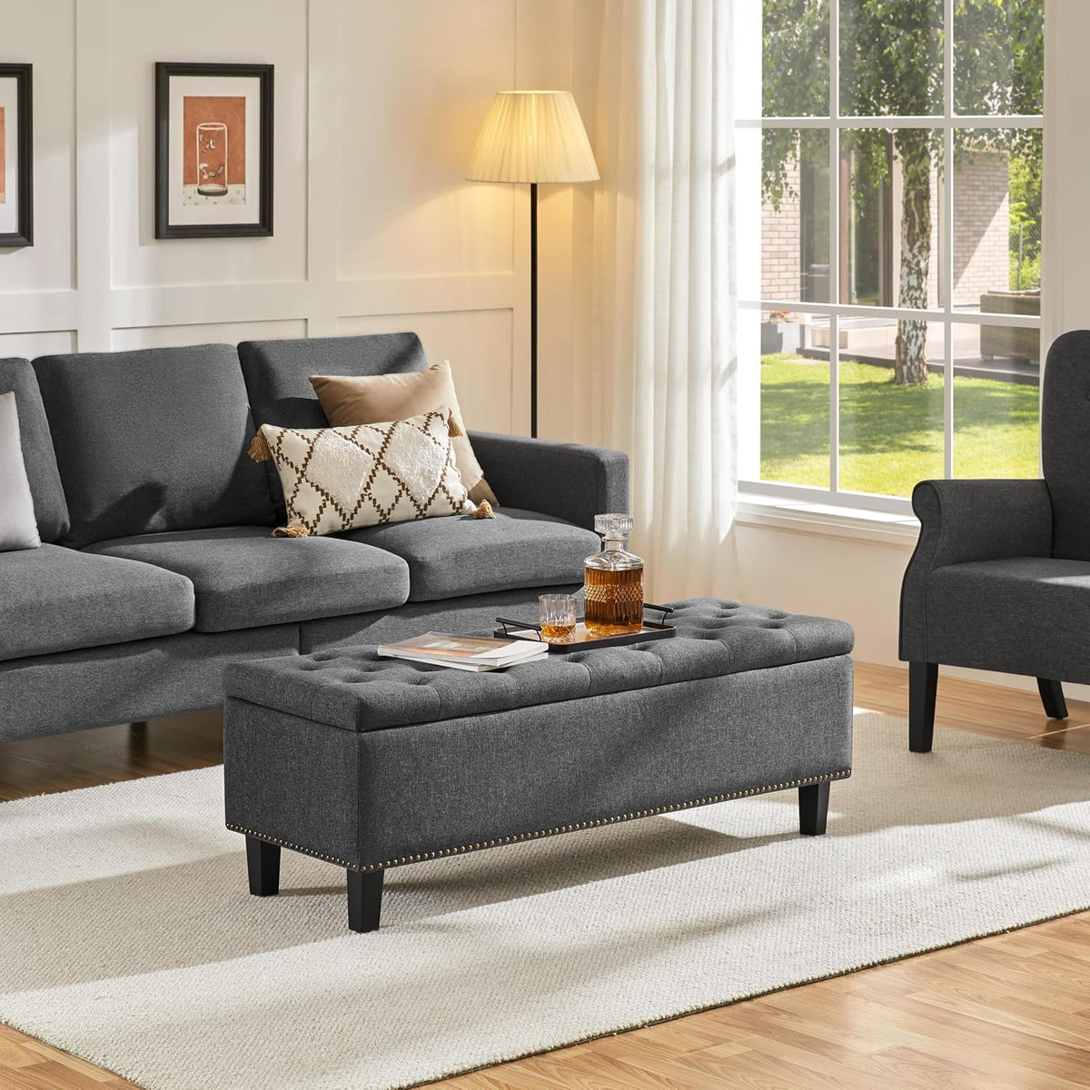 Yaheetech 49in Square Storage Ottoman Coffee Table with Nailhead, Dark Gray | Button-Tufted Linen-Look Fabric Bench, 3.5C Storage Space, Wood Legs, Metal Hinges, for Bedroom Foot of Bed Living Room