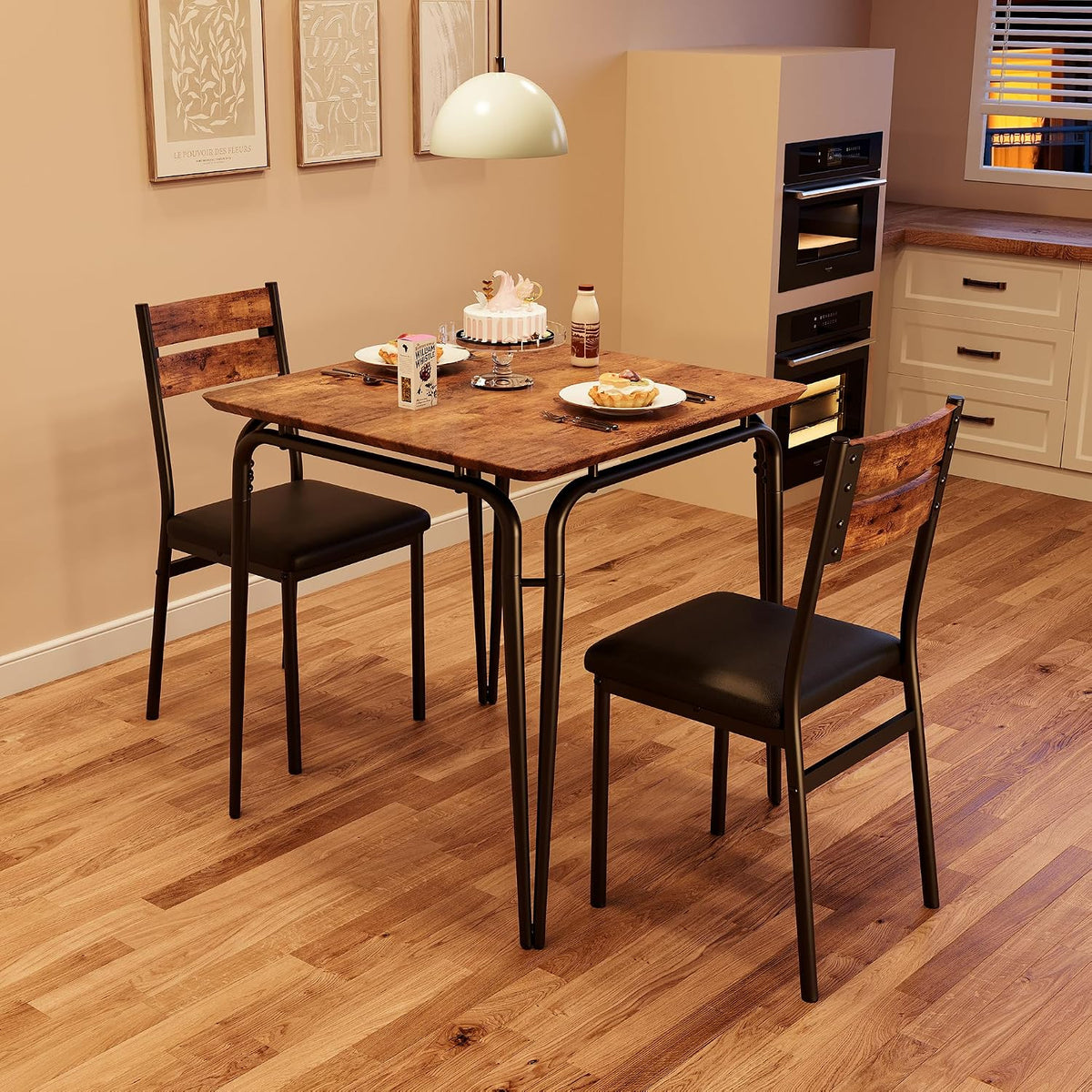 GAOMON 3-Piece Dining Table Set, Sturdy Wooden Square Table and Chair Breakfast Table Set for 2 Person,for Home or Commercial Dining Room,Vintage Brown