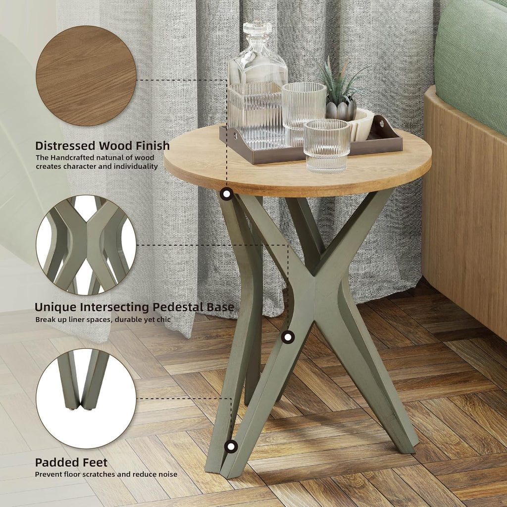 Pedestal Farmhouse End Table, Distressed Top with Tripod Base Bedside Table for Living Room, Modern, Boho, Round, Sage Green