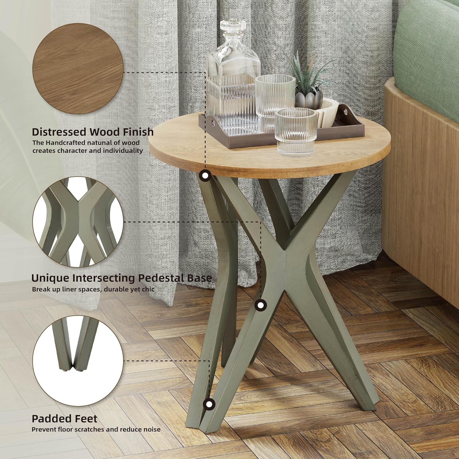 Pedestal Farmhouse End Table, Distressed Top with Tripod Base Bedside Table for Living Room, Modern, Boho, Round, Sage Green