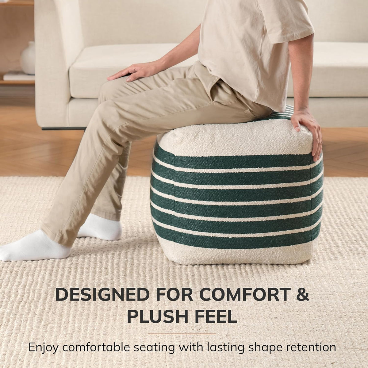 Anji Mountain Artisan Crafted Cotton Blend Pouf Ottoman | Versatile Floor Seating & Footstool for Living Room | Modern Boho Home Décor Accent | Filled Pouffe | Soft & Fluffy Ottoman Pouf, Lightweight, Decorative Floor Pouf Seating for Bedroom & Home