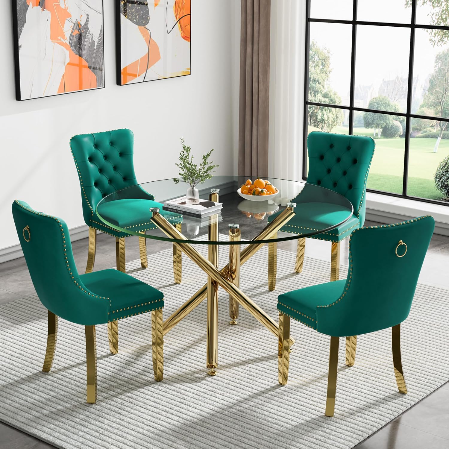 Round Glass Dining Table Set for 4, Small Kitchen Table Set for 4, 47" Circle Gold Glass Dinner Table for 4 with Green Velvet Chairs, 5 Piece Dining Room Table Set for 4 for Breakfast Dinette Cafe