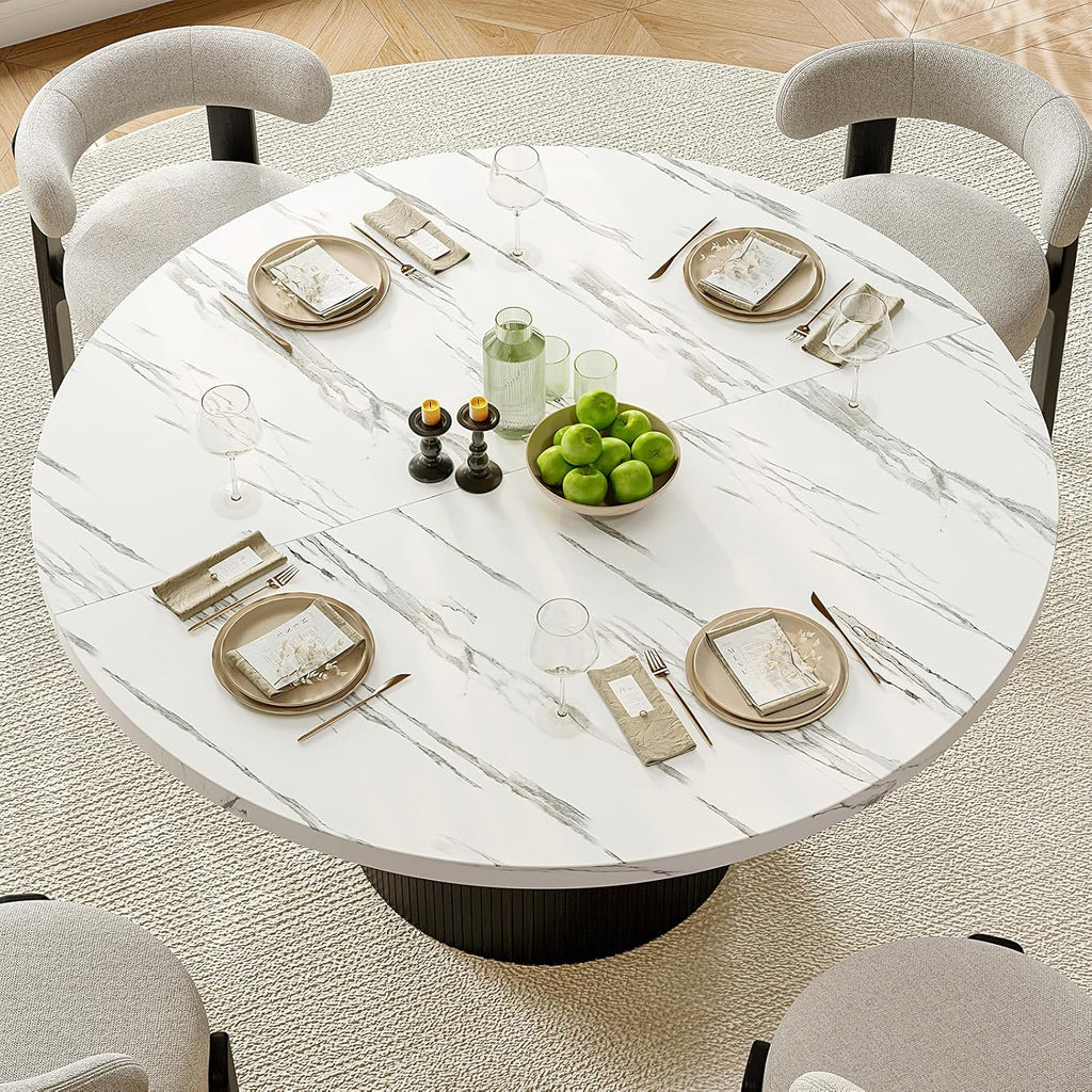 47 Inch Round Dining Table for 4, Circle Kitchen Table with Wood Strip Base, Modern Farmhouse Dinner Tables for Kitchen, Living Room (Marble Texture)