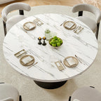 47 Inch Round Dining Table for 4, Circle Kitchen Table with Wood Strip Base, Modern Farmhouse Dinner Tables for Kitchen, Living Room (Marble Texture)