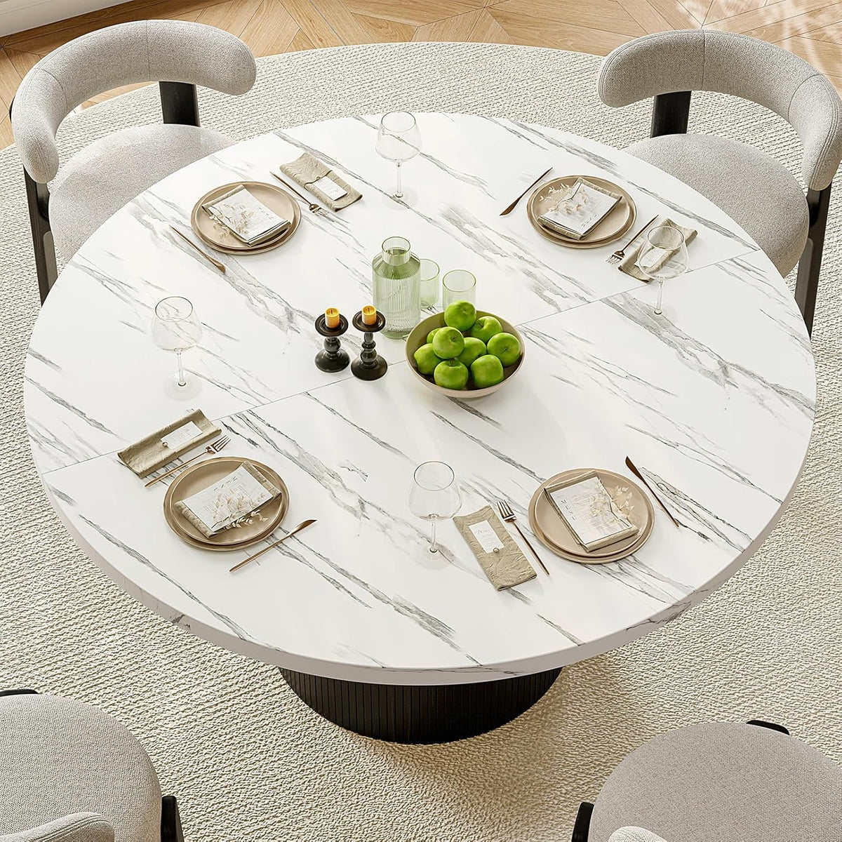 47 Inch Round Dining Table for 4, Circle Kitchen Table with Wood Strip Base, Modern Farmhouse Dinner Tables for Kitchen, Living Room (Marble Texture)