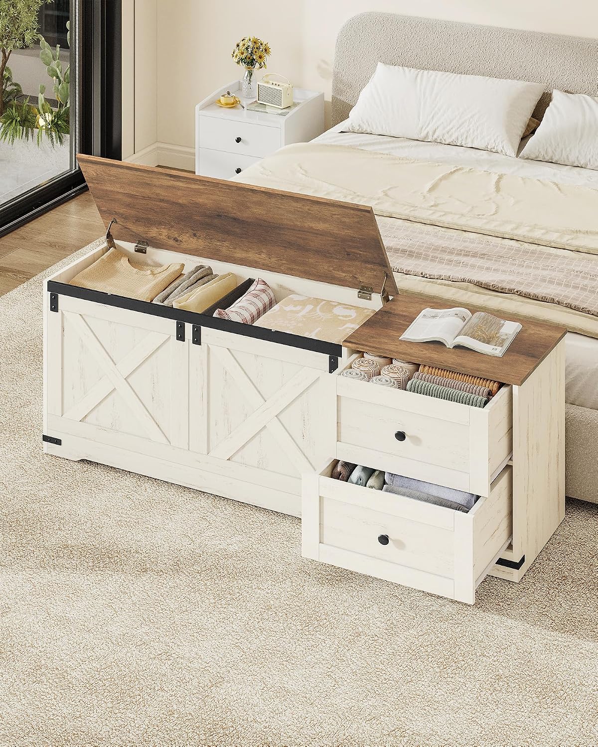Hzuaneri Storage Chest, 58" Extra Large Storage Bench with Double Drawers, Farmhouse Style Wooden Chest Bench with Barn Door, Large Trunk for Living Room, Bedroom, or Entryway, Antique White SB15114X