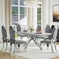Luxury 7-Piece Dining Room Set, 70 Inch Silver Large Kitchen Table with Oval Velvet Chair, for 4-6 People, Living Room, Kitchen, Home (White Top + 6 Grey Chairs)