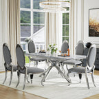 Luxury 7-Piece Dining Room Set, 70 Inch Silver Large Kitchen Table with Oval Velvet Chair, for 4-6 People, Living Room, Kitchen, Home (White Top + 6 Grey Chairs)