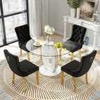 RGZ 39'' Modern Luxury Clear Glass Round Dining Table for 4-6, Glass Circle Top Kitchen Table with Elegant Gold Decorative Strips & White Base, Small Apartment Dinner Table for Home, Living Room