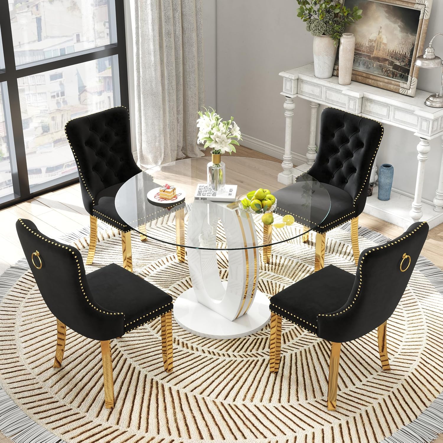 RGZ 39'' Modern Luxury Clear Glass Round Dining Table for 4-6, Glass Circle Top Kitchen Table with Elegant Gold Decorative Strips & White Base, Small Apartment Dinner Table for Home, Living Room