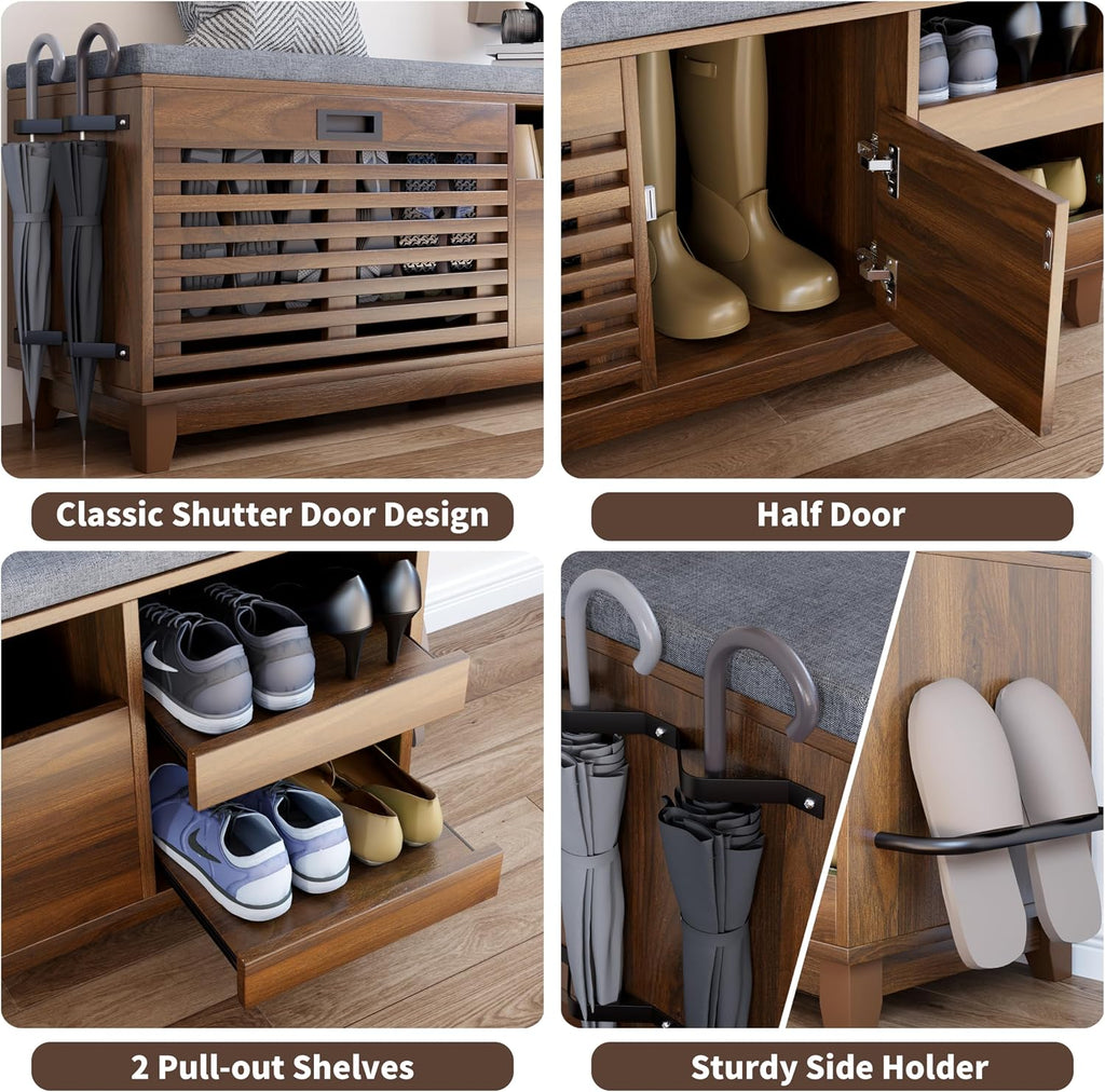 Gyfimoie 2-Tier Shoe Storage Bench,47" Entryway Bench with 2 Flip Drawers & Padded Seat Cushion, Walnut Shoe Bench with Adjustable Shelves & Sliding Doors,Storage Bench for Entryway,Hallway,Bedroom