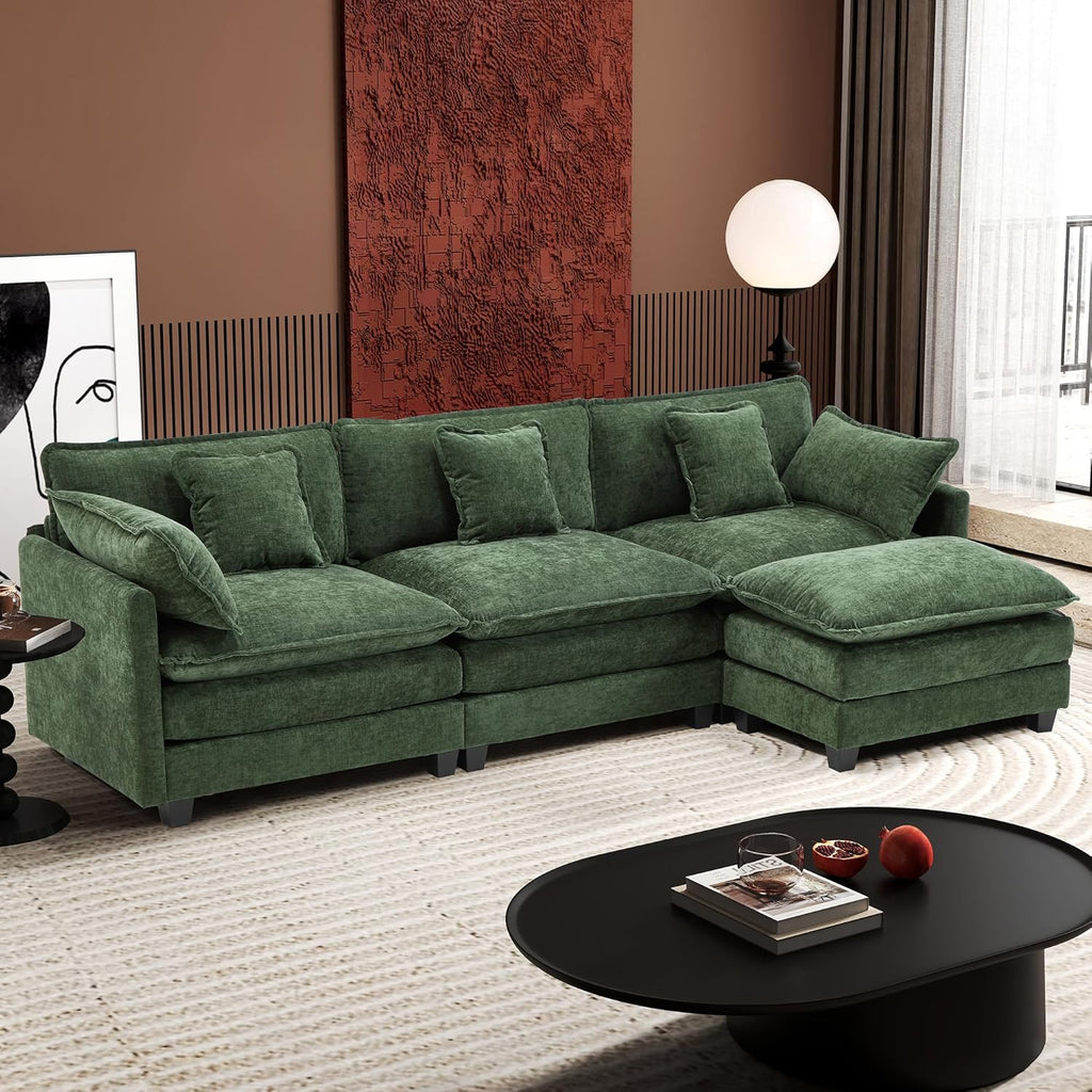 Ihanherry 111.4" L Shaped Modern Sofa Modular Sectional Cloud Couch with Ottoman, 4-Seat Chenille Deep Seat Sofa with Pillow for Living Room, Bedroom and Apartment, Green