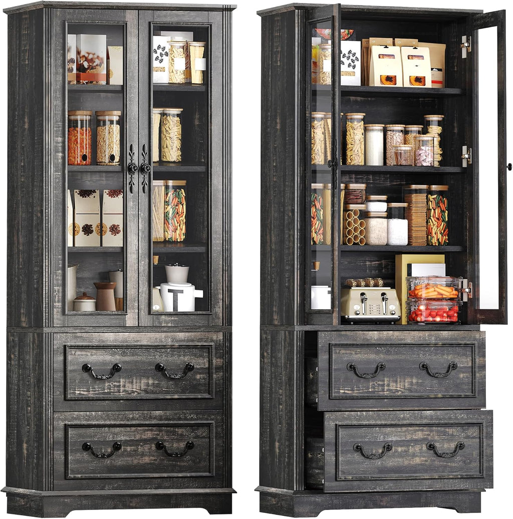 YITAHOME 76'' Kitchen Pantry Cabinet with 2 Drawers, Tall Storage Cabinet with Glass Doors & Adjustable Shelves, Freestanding Display Curio Cabinet for Collectibles, Living Room, Dark Rustic Oak