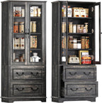 YITAHOME 76'' Kitchen Pantry Cabinet with 2 Drawers, Tall Storage Cabinet with Glass Doors & Adjustable Shelves, Freestanding Display Curio Cabinet for Collectibles, Living Room, Dark Rustic Oak