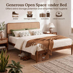 KOMFOTT Queen Size Bed Frame, Wood Platform Bed with PE Rattan Headboard
