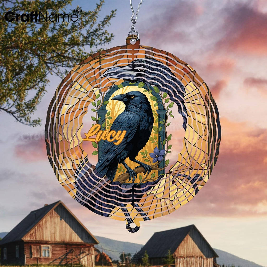 Personalized Raven Wind Spinner 3D Stainless Steel, Raven Garden Spinner Hanging Outdoor Decor, Wind Spinners Outdoor, Custom Gift for Grandmother, Mom, Wife