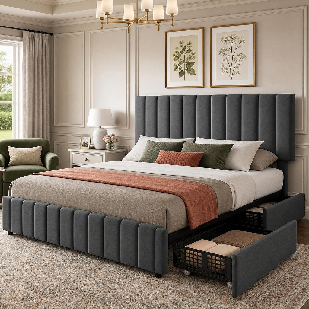 Garvee Queen Size Bed Frame, Linen Bed Frame with 4 Storage Drawers, Grey