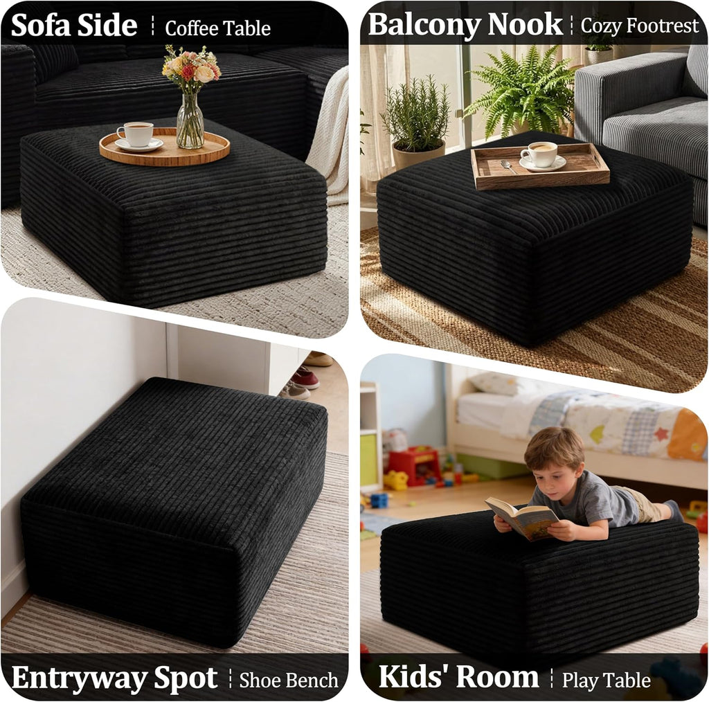Ottoman, Modern Corduroy Cloud Foot Rest Foam Support, Oversized Modular Sectional Sofa Stool for Living Room, Bedroom & Small Spaces, No Assembly Required (Black, Ottoman)