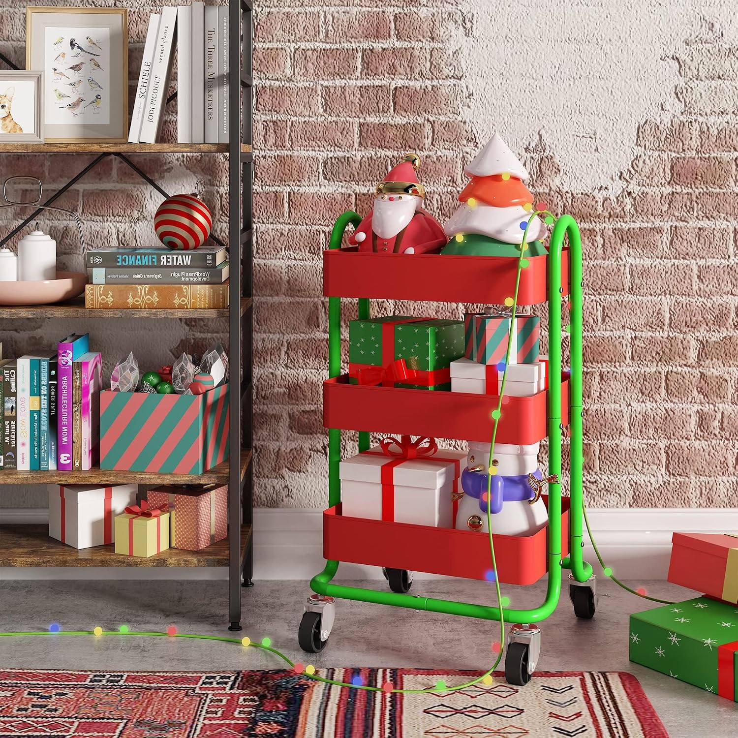 Metal Rolling Cart,3-Tier Metal Rolling Cart with Wheels,3 Tier Utility Cart with Wheels for Office,Home,Kitchen,Garden（13.4"x18.1"x31"） Red+Green