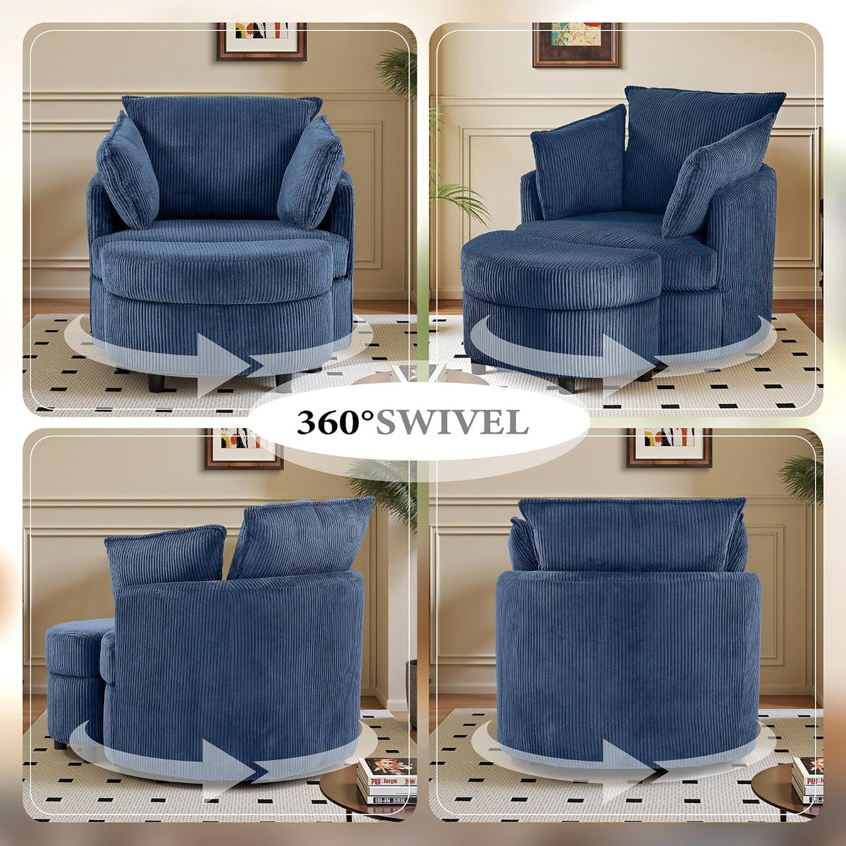 Vanity Accent Chair Swivel Living Room Chairs Curve Back Reading Chair with Armrest, Lounge Chair with Ottoman for Bedroom