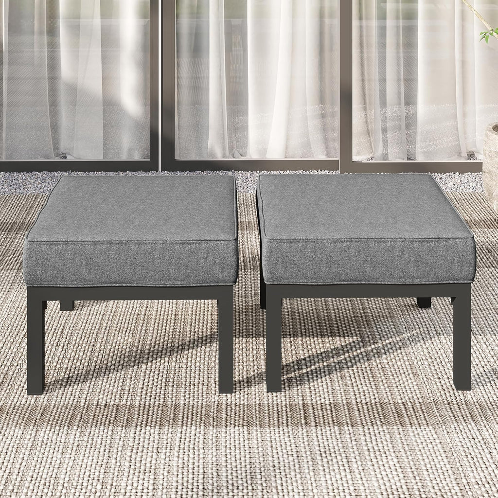 Wisteria Lane Metal Patio Furniture Footstools Set of 2, Oversized Outdoor Ottomans with Upgraded Cushions, All-Weather Outdoor Footrest Seat for Balcony, Garden, Deck, Backyard, Gray