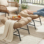 NICESOUL Indoor Outdoor Ottoman Set of 2, Large Wide Double Patio Footstool, PE Rattan Thicken Cushioned Footrest, All-Weather Wicker Furniture for Balcony, Porch, Living Room, Egg Chair, Brown