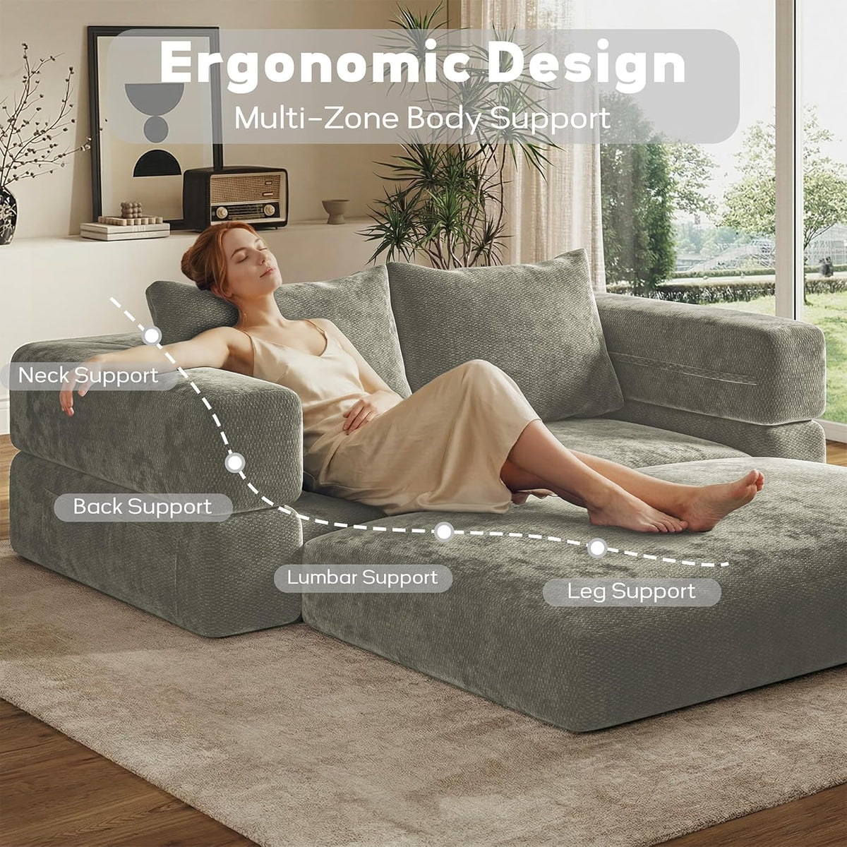 75'' Folding Convertible Sofa Bed with Large Pillow, 4-in-1 Foldable Pull Out Futon Sofa Bed, Chenille Mattress Couch, No Assembly Floor Sleeper Sofa Bed for Living Room/Bedroom, Light Brown
