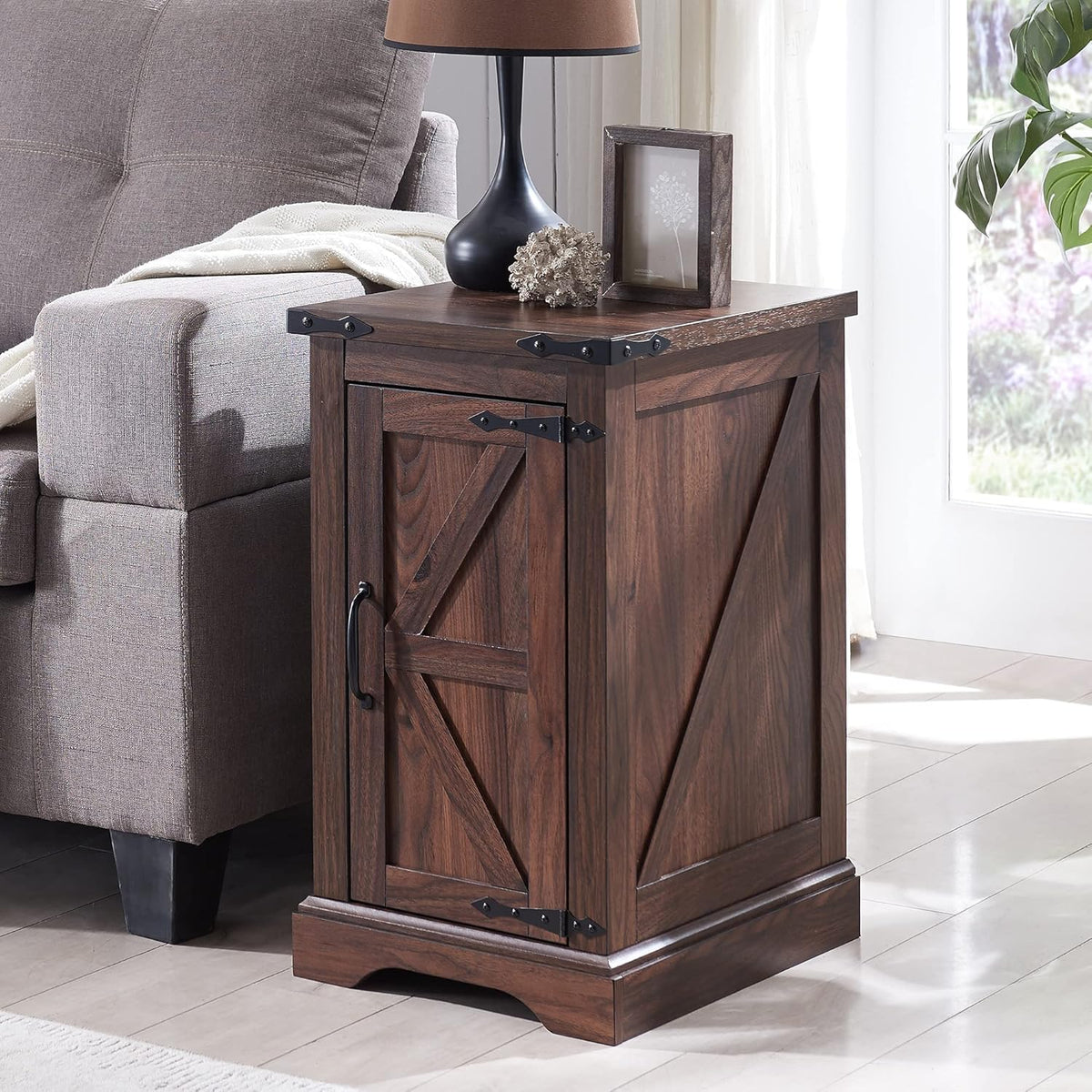JXQTLINGMU 3-Piece Farmhouse Coffee Table and End Table Sets, Includeds 36" Lift Top Square Coffee Table w/Storage & 2 Rustic Wood End Tables w/Charging Station & Barn Doors for Living Room, Brown