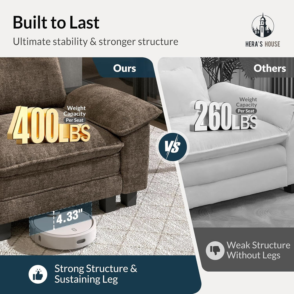 HERA'S HOUSE 3 Pieces Modular Sectional Couch Set with Armchair Loveseat | Modern 6-Seater Cloud Sofa Set , Grayish Brown, Wider Armrest, Deep Seat, Soft Chenille Furniture Set for Living Room