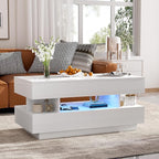 Modern High Gloss LED Coffee Table 39.3-Inch Multi-Functional Lift-Top Center Table with Hidden Storage Space, 2 Drawers for Small Spaces Living Room， White