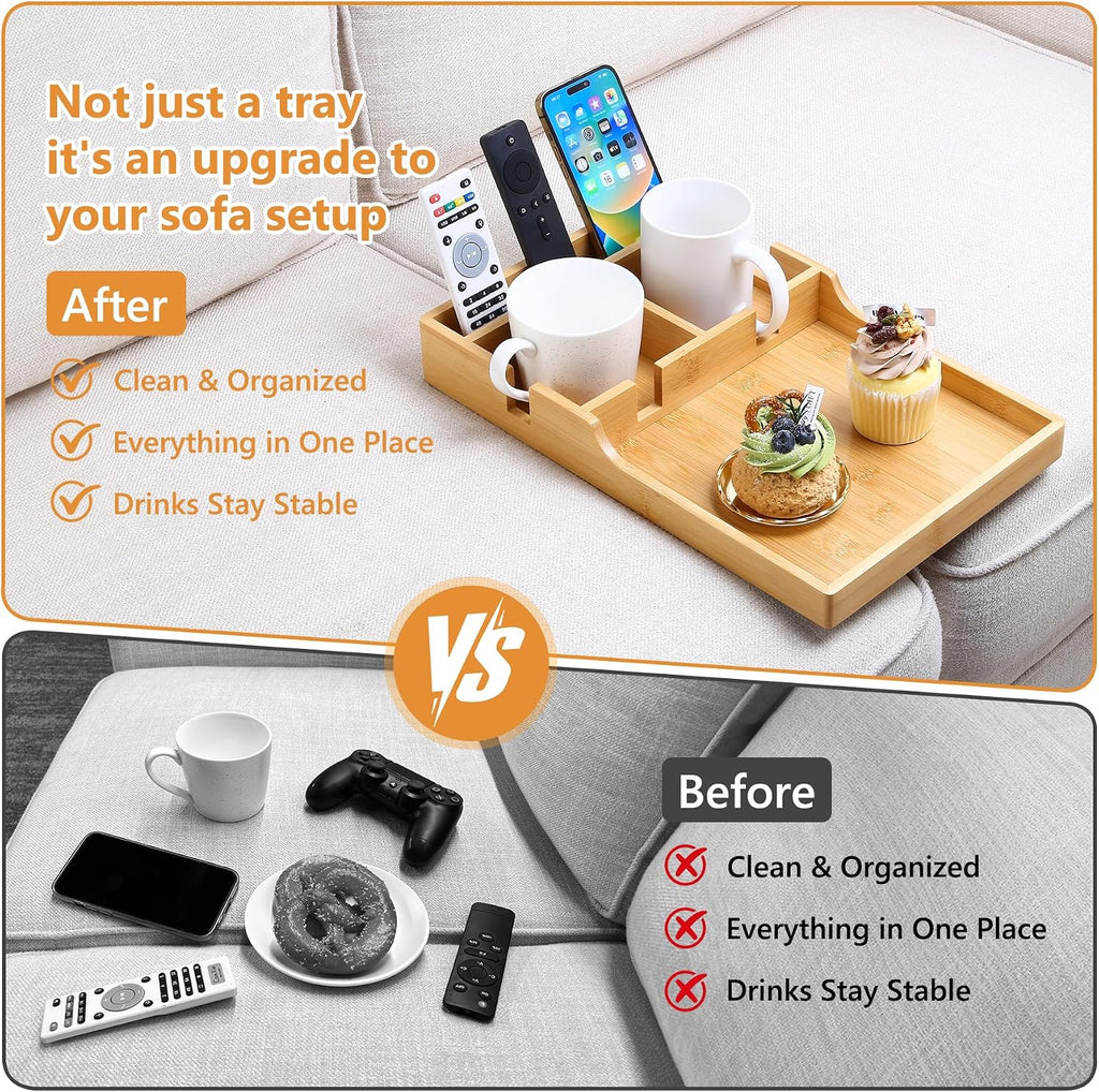 Couch Tray Insert for Middle Seat, Bamboo Couch Table with 2 Cup Holders, Fits Armless Sofa & Sectionals, Fold-Flat Tray for Drinks, Snacks & Remotes, Natural Bamboo