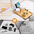 Couch Tray Insert for Middle Seat, Bamboo Couch Table with 2 Cup Holders, Fits Armless Sofa & Sectionals, Fold-Flat Tray for Drinks, Snacks & Remotes, Natural Bamboo