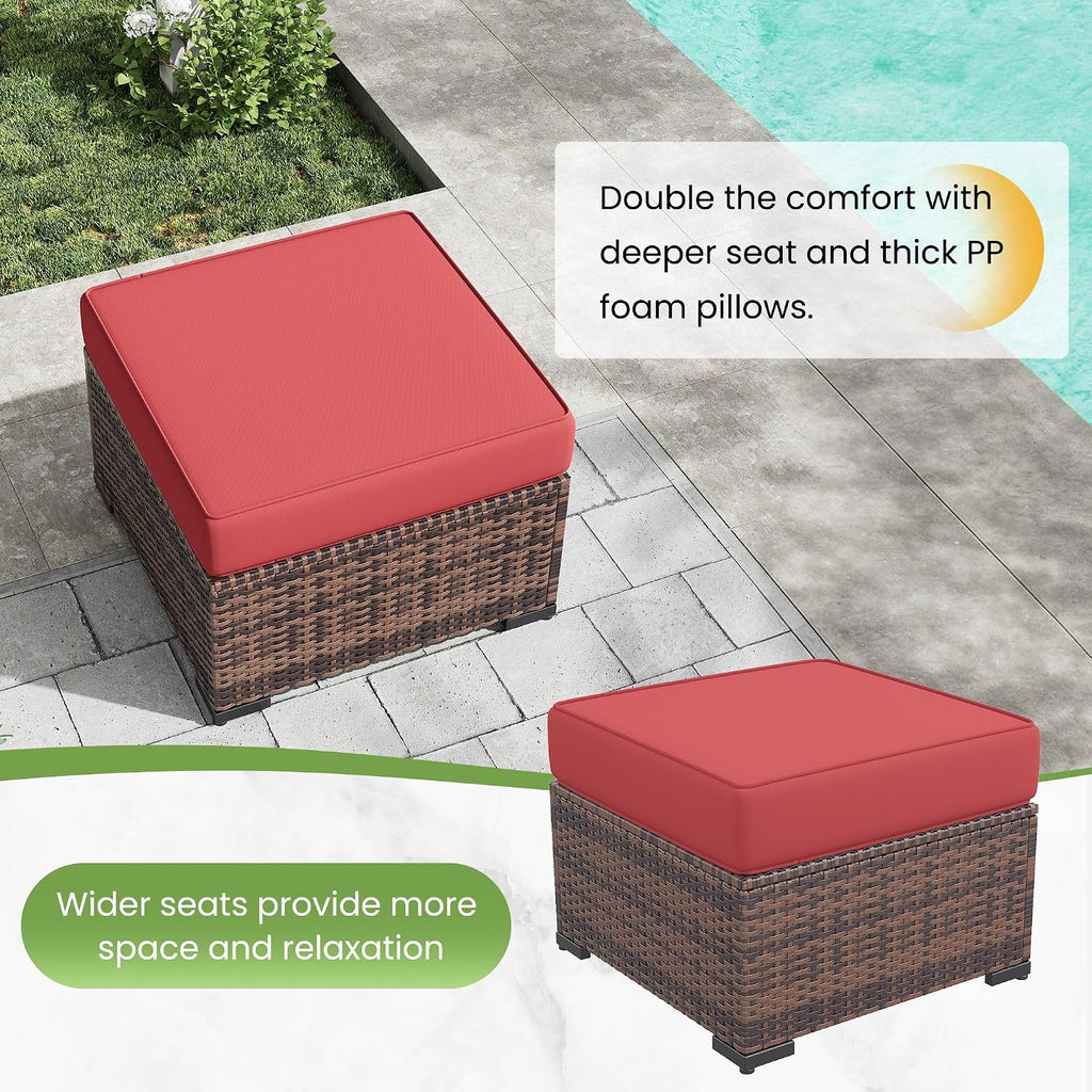 Amopatio 2 Pieces Outdoor Ottoman for Patio, Foot Rest for Couch, All Weather Outdoor Patio Footstool Rattan Patio Ottoman with 4" Thick Removable Cushion (Burgundy)