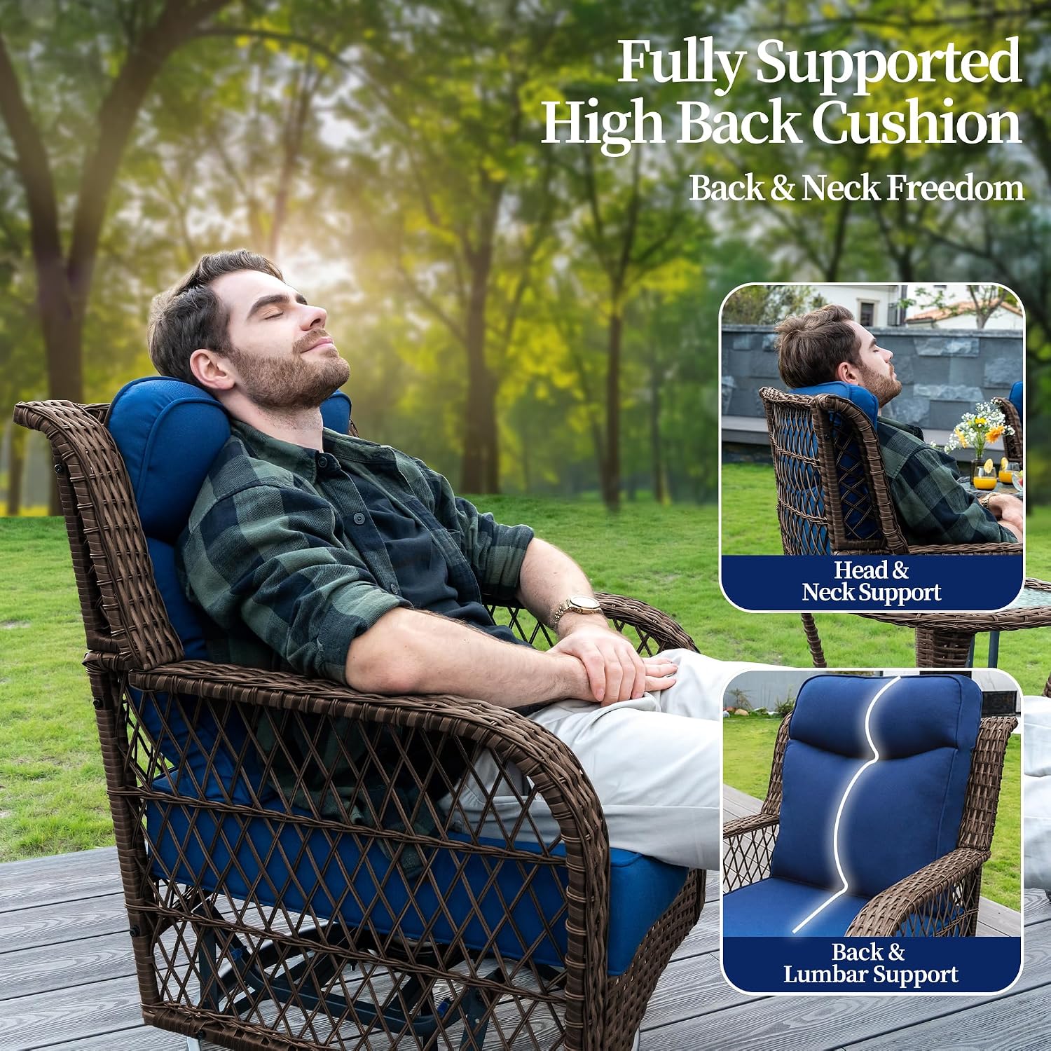 PIZZELLO Outdoor Swivel Rocker Chairs 5 Pieces Wicker Swivel Patio Chair w/Ottomans, Side Table, 5" Extra Thick Cushions and 25" Full Support Back, Patio Furniture Set for Outside Backyard