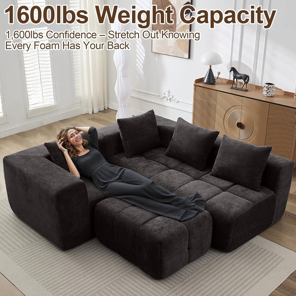 119" Couch, Cloud Sectional Couch with Deep Seat, High-Density Memory Foam and Chaise, Sectional L Shaped Sofa, Couches for Living Room, No Assembly Required Tufted Sofa, Dark Grey